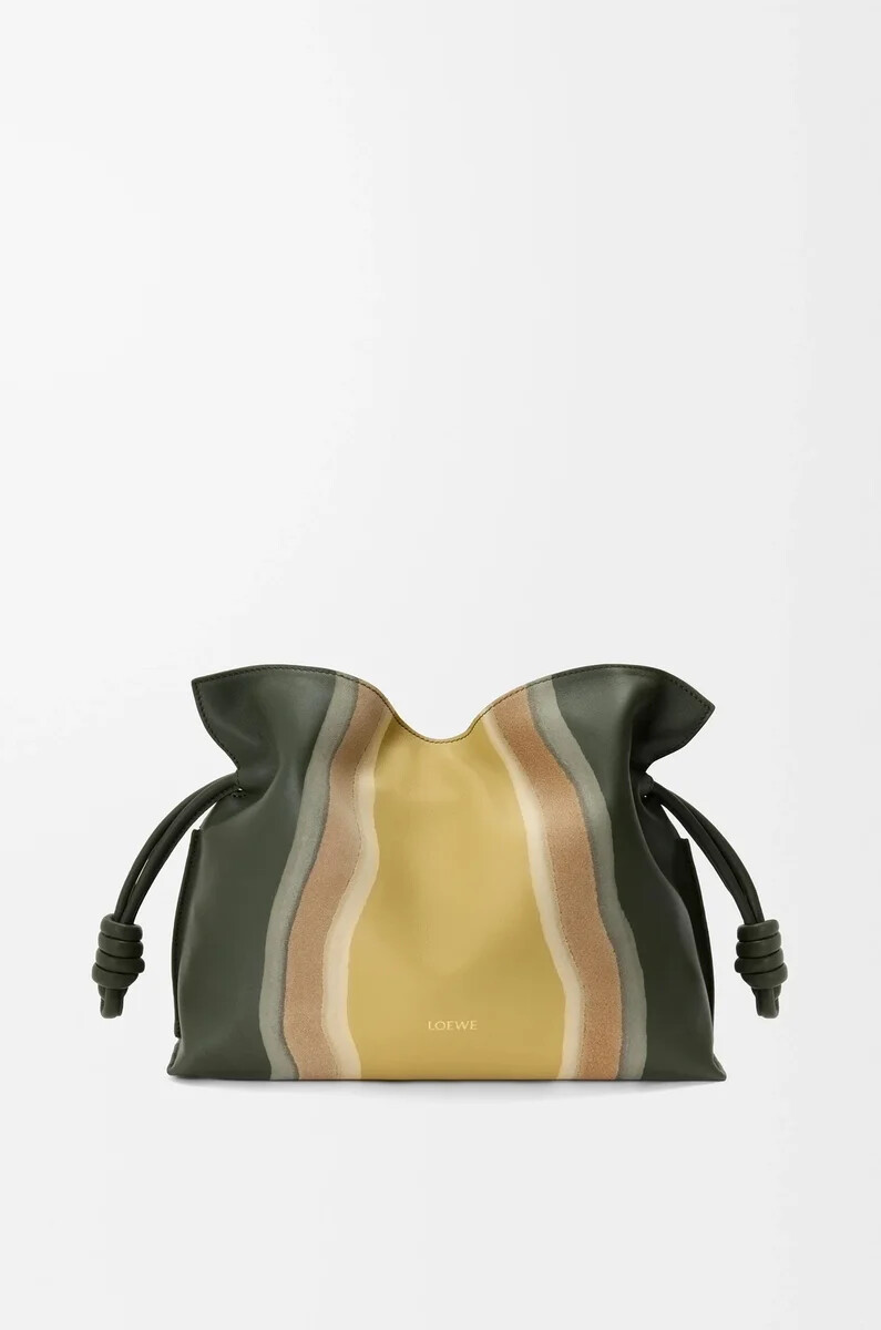 medium flamenco clutch landscape in nappa calfskin bottle greenochre