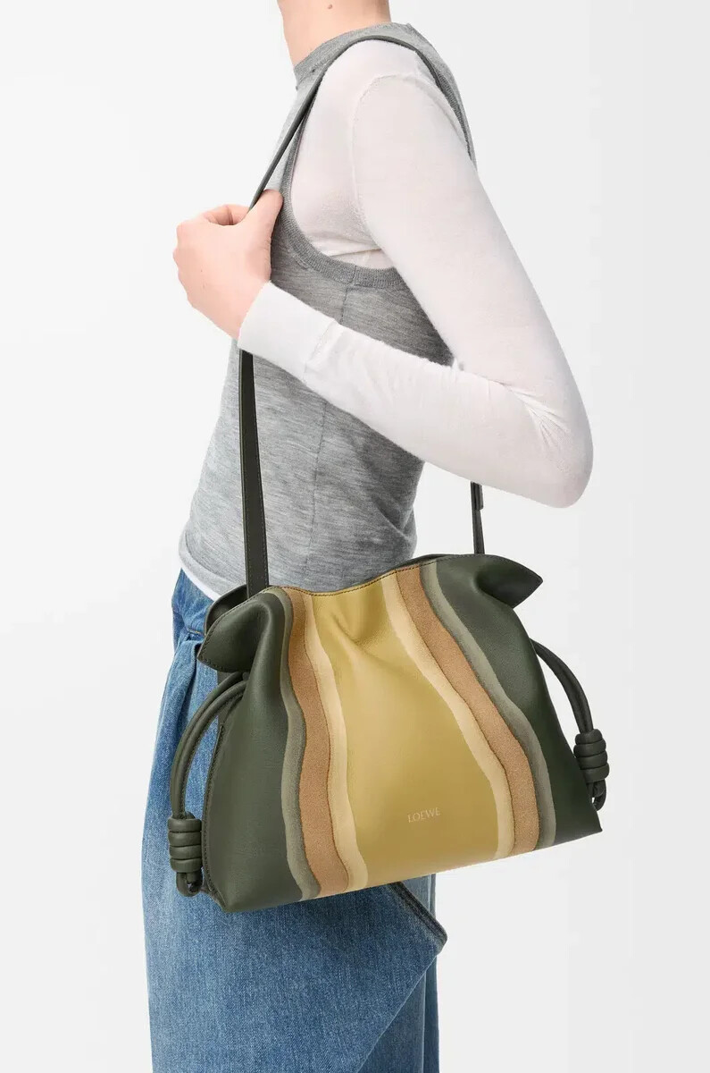 medium flamenco clutch landscape in nappa calfskin bottle greenochre
